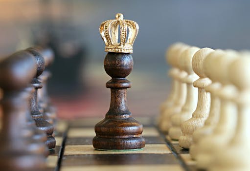 pexels-photo-260024-260024-1 A brown pawn with a crown stands prominently on a chessboard, symbolizing strategic play.
